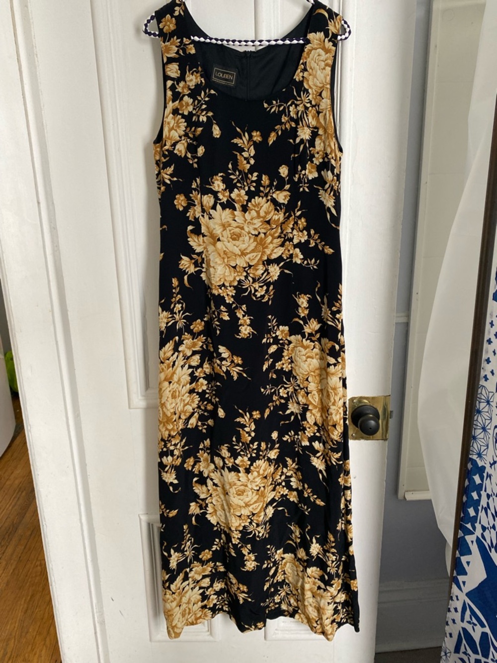 Vintage Black and Gold Floral Sleeveless Maxi Dress